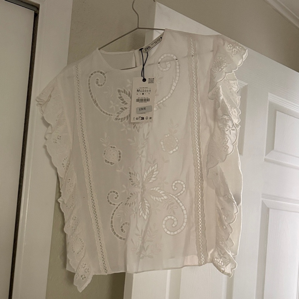 Zara White Embroidered Blouse